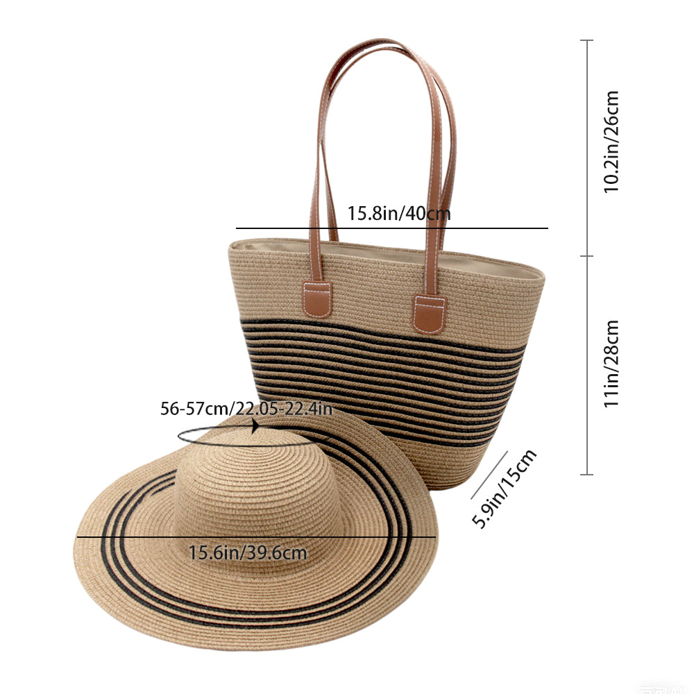 Large brim straw hat shoulder straw bag two-piece fashion women's bag Large capacity braided tote bag seaside holiday portable beach bag sunshade hat