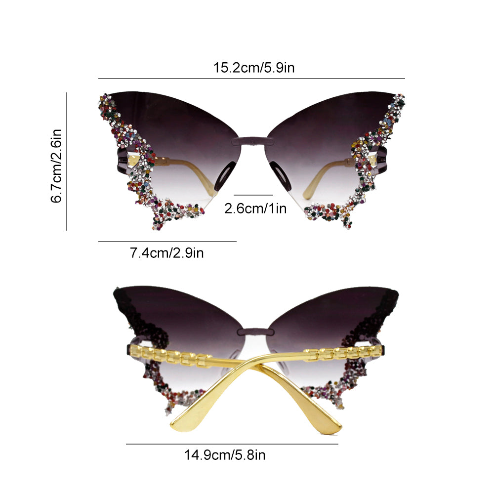 Novel diamond-encrusted butterfly-shaped sunglasses for women, fashionable and unique, bold frameless black sunglasses