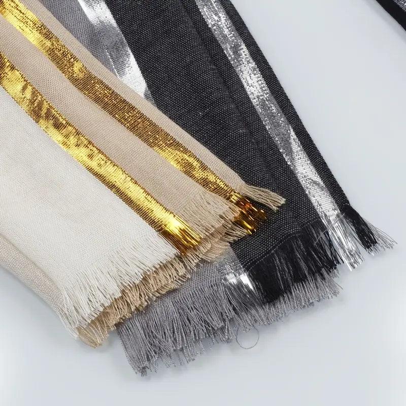 20.47"×70.87" Rayon Casual Scarf, Solid Color Golden & Silvery Stripe Raw Edge Tassel Headwrap Shawl, Elegant Women Hair Accessories - ACCEHUT