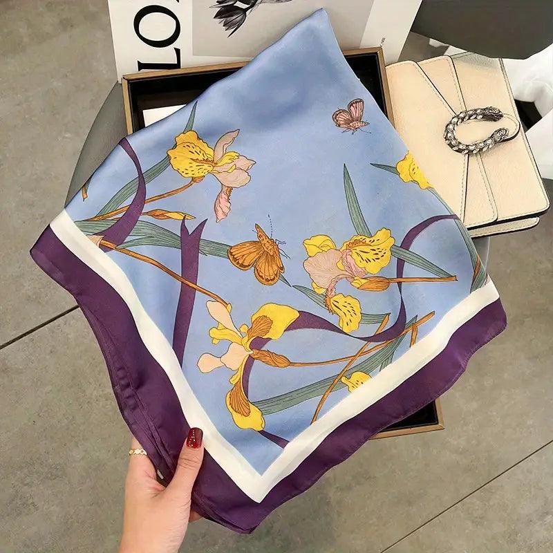 Plant Print Square Scarf Imitation Silk Satin Neckerchief Bandana Lightweight Multifunctional Vintage Head Wrap - ACCEHUT