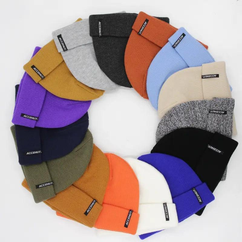 1/2pcs Label Patch Simple Beanie Solid Color Elastic Warm Knit Hat Unisex Skull Cap Soft Couple Chemo Hats Ski Hats For Women Men - ACCEHUT