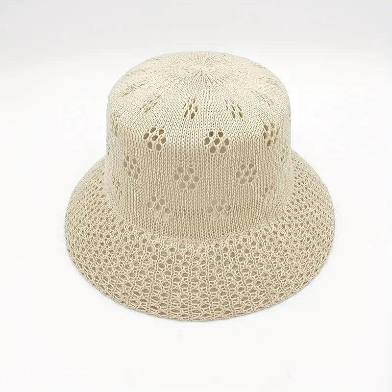 Short Brim Beige Bucket Hat Hollow Crochet Breathable Straw Hat Spring And Summer Sun Cap Outdoor Travel Beach Hat For Women - ACCEHUT