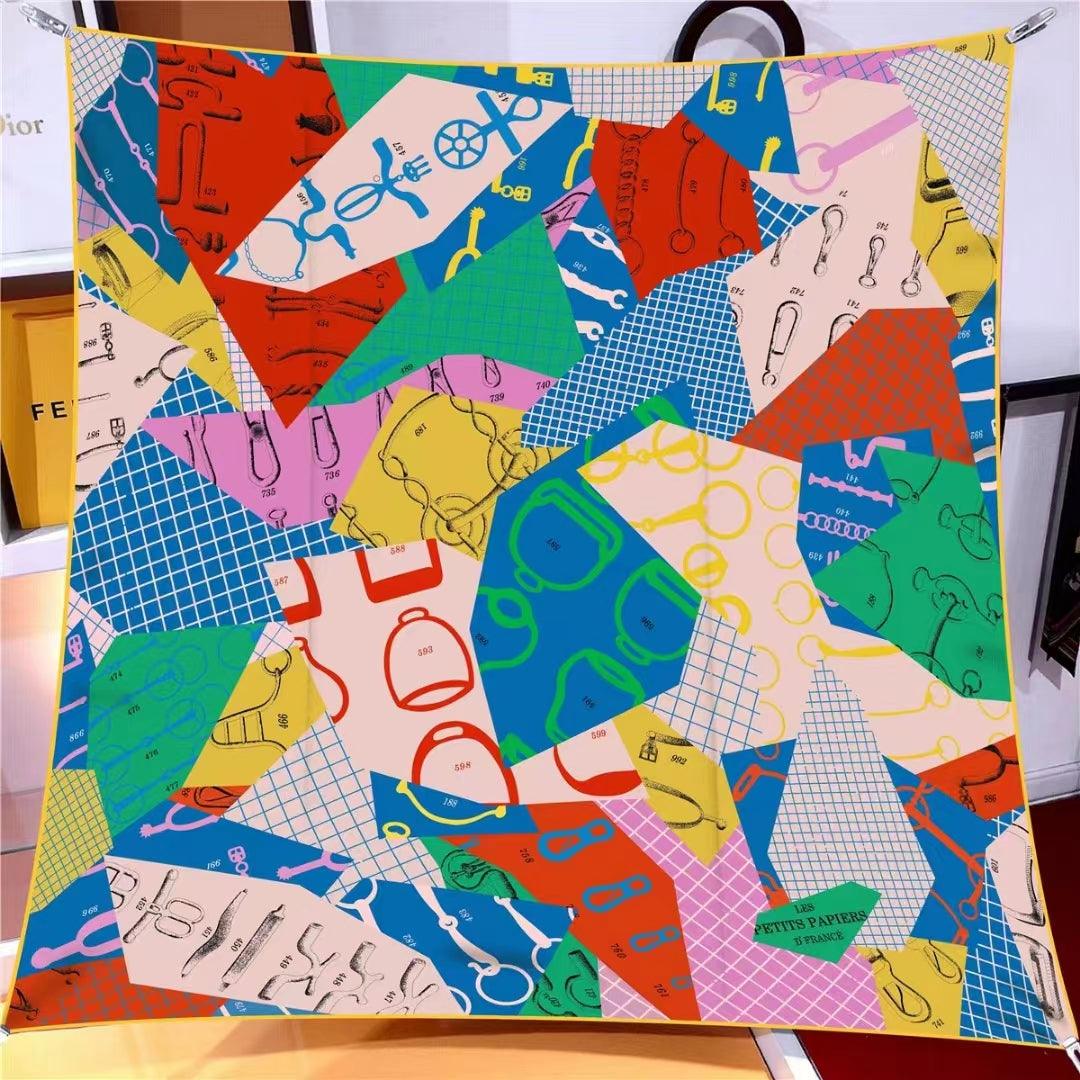 Geometric Print 90cm Square Scarf Colorful Silk Scarf Wraps - ACCEHUT