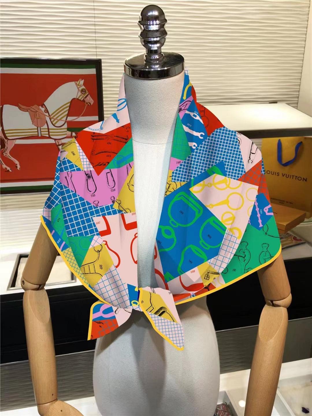 Geometric Print 90cm Square Scarf Colorful Silk Scarf Wraps - ACCEHUT