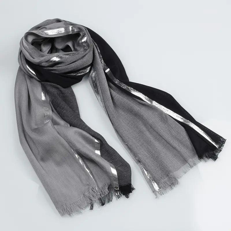 20.47"×70.87" Rayon Casual Scarf, Solid Color Golden & Silvery Stripe Raw Edge Tassel Headwrap Shawl, Elegant Women Hair Accessories - ACCEHUT