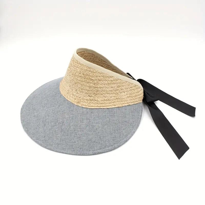 Wide Brim Gray Visor Hat Trend Sun Protection Adjustable Straw Hat Color Block Ponytail Sun Hats For Sporting Traveling - ACCEHUT