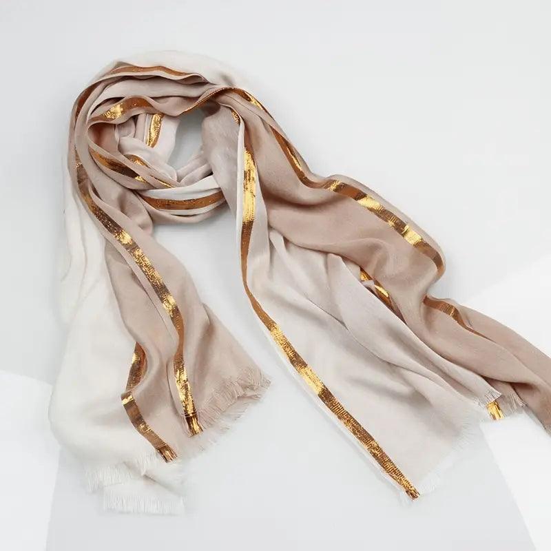 20.47"×70.87" Rayon Casual Scarf, Solid Color Golden & Silvery Stripe Raw Edge Tassel Headwrap Shawl, Elegant Women Hair Accessories - ACCEHUT