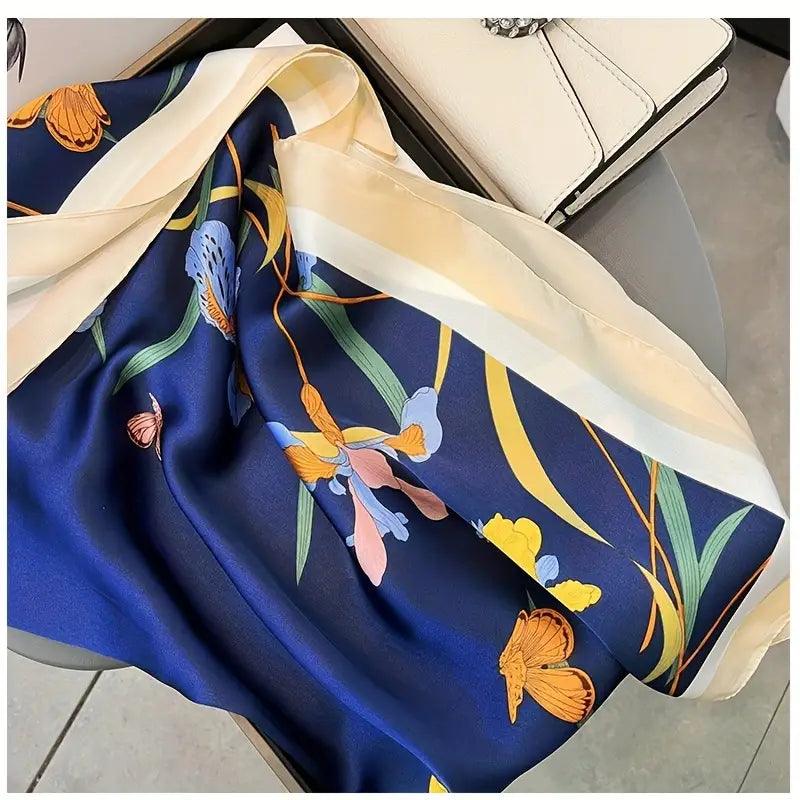 Plant Print Square Scarf Imitation Silk Satin Neckerchief Bandana Lightweight Multifunctional Vintage Head Wrap - ACCEHUT
