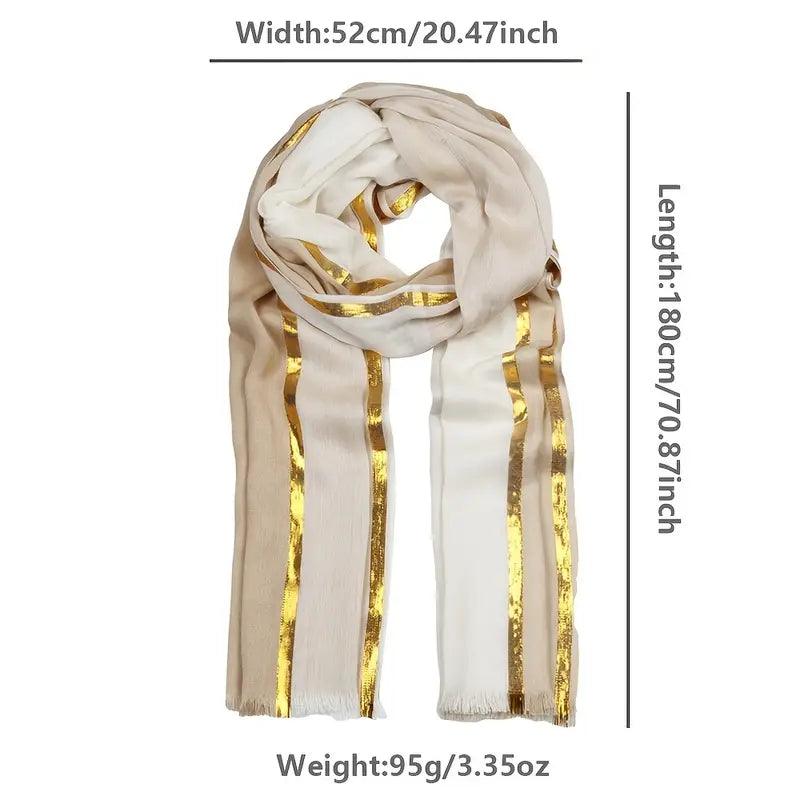 20.47"×70.87" Rayon Casual Scarf, Solid Color Golden & Silvery Stripe Raw Edge Tassel Headwrap Shawl, Elegant Women Hair Accessories - ACCEHUT
