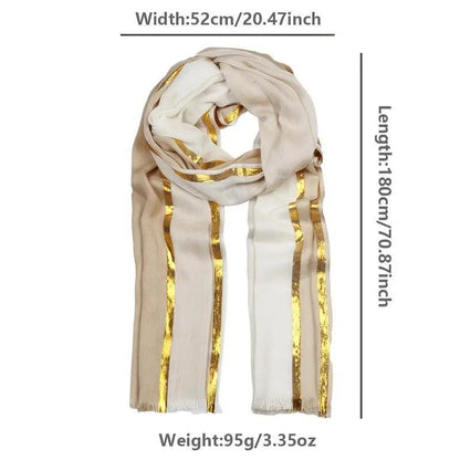 20.47"×70.87" Rayon Casual Scarf, Solid Color Golden & Silvery Stripe Raw Edge Tassel Headwrap Shawl, Elegant Women Hair Accessories - ACCEHUT
