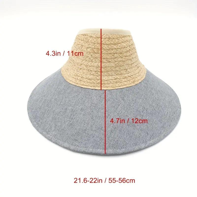 Wide Brim Gray Visor Hat Trend Sun Protection Adjustable Straw Hat Color Block Ponytail Sun Hats For Sporting Traveling - ACCEHUT