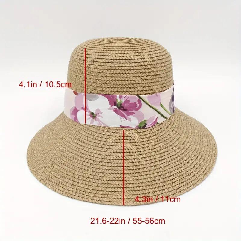 Irregular Brim Brown Sun Hat Elegant Sunscreen Straw Hats Printed Ribbon Bowknot Decor Bucket Hat For Beach Travel Holiday - ACCEHUT