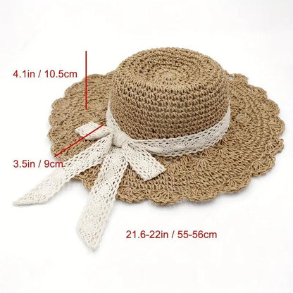 Lace Ribbon Bowknot Sun Hat Hollow Breathable Wide Brim Straw Hat Elegant Crochet Woman Flat Fedora Cap For Travel Beach - ACCEHUT