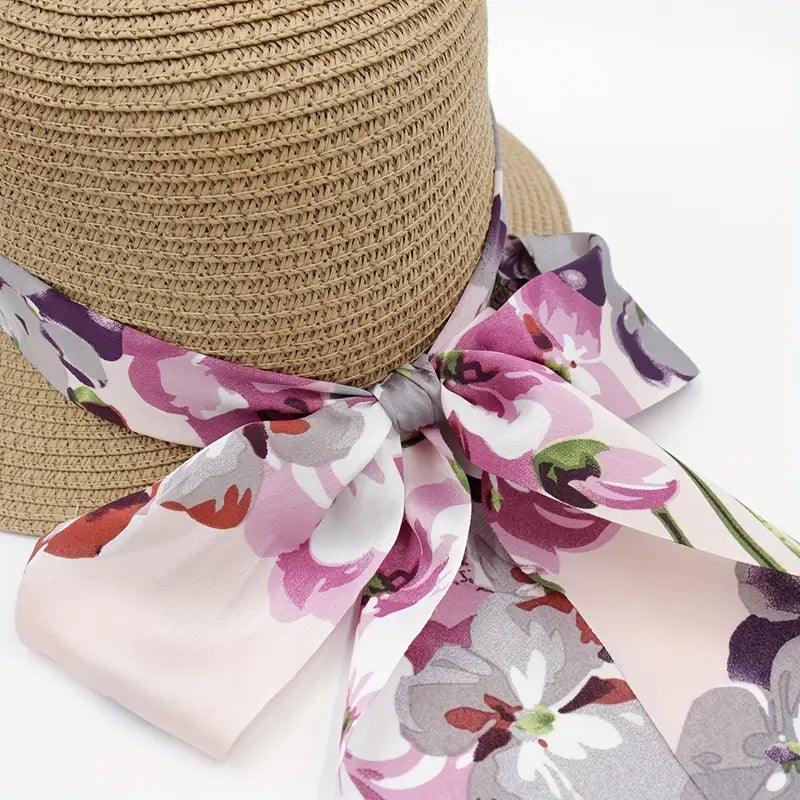 Irregular Brim Brown Sun Hat Elegant Sunscreen Straw Hats Printed Ribbon Bowknot Decor Bucket Hat For Beach Travel Holiday - ACCEHUT