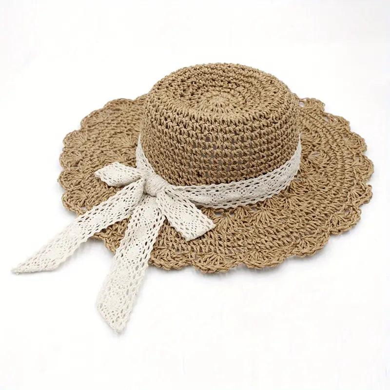 Lace Ribbon Bowknot Sun Hat Hollow Breathable Wide Brim Straw Hat Elegant Crochet Woman Flat Fedora Cap For Travel Beach - ACCEHUT