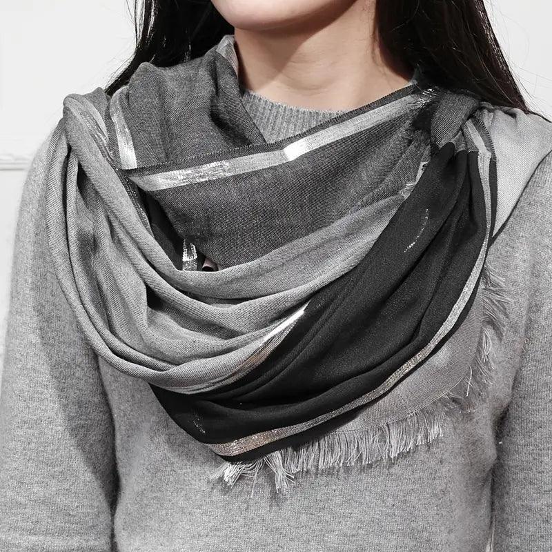 20.47"×70.87" Rayon Casual Scarf, Solid Color Golden & Silvery Stripe Raw Edge Tassel Headwrap Shawl, Elegant Women Hair Accessories - ACCEHUT