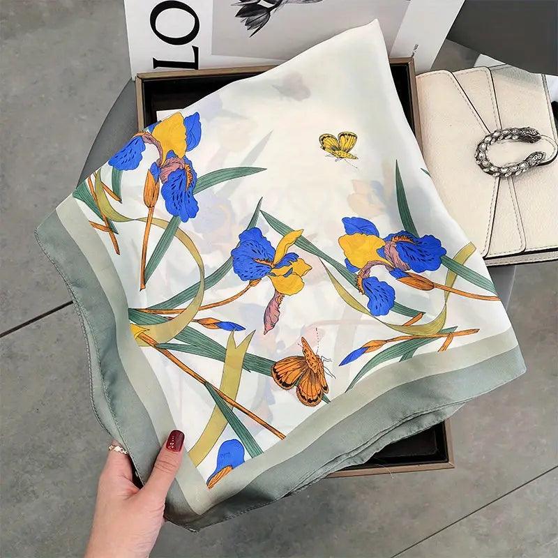 Plant Print Square Scarf Imitation Silk Satin Neckerchief Bandana Lightweight Multifunctional Vintage Head Wrap - ACCEHUT