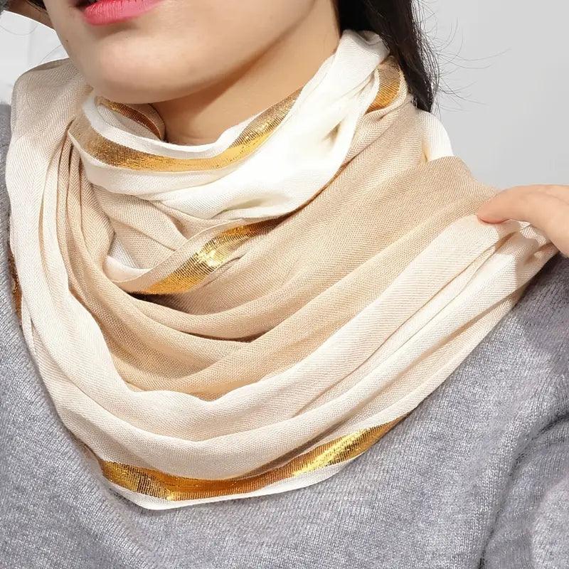 20.47"×70.87" Rayon Casual Scarf, Solid Color Golden & Silvery Stripe Raw Edge Tassel Headwrap Shawl, Elegant Women Hair Accessories - ACCEHUT
