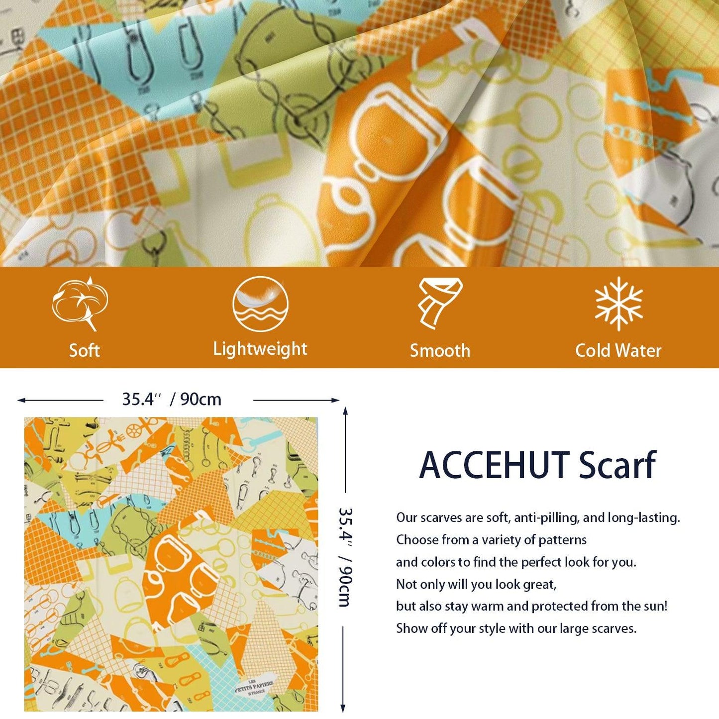 Geometric Print 90cm Square Scarf Colorful Silk Scarf Wraps - ACCEHUT
