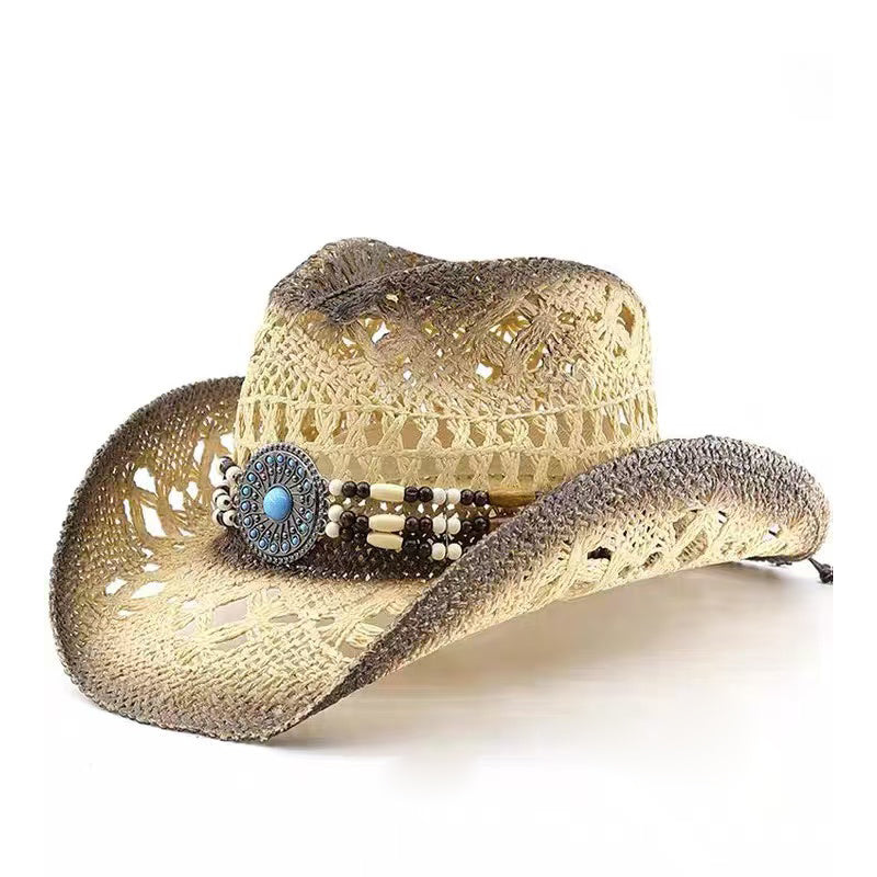 Western cowboy hat hollow shaped straw hat men and women travel all the beach sun hat retro fashion large eaves curved straw hat