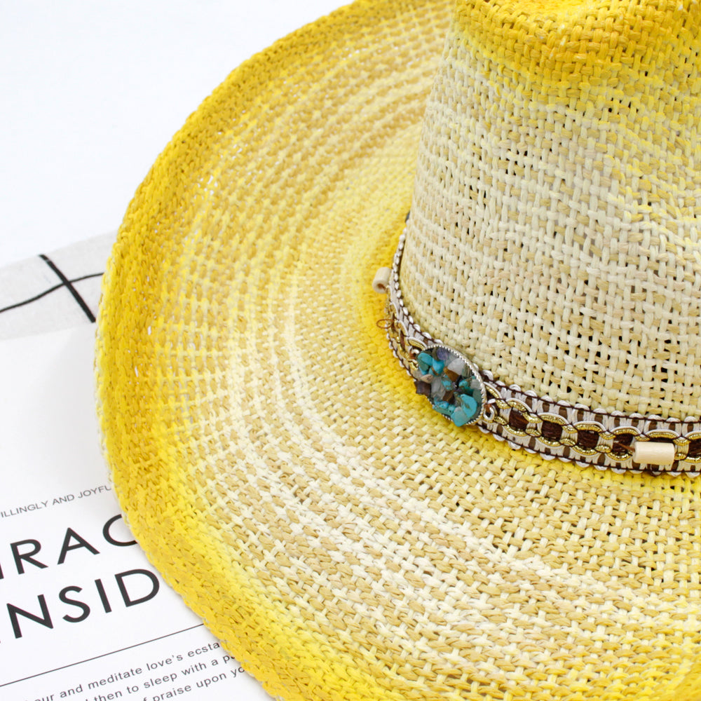 New fashion sun hat, yellow straw hat for outdoor leisure, vacation, sun protection, and beach wear.