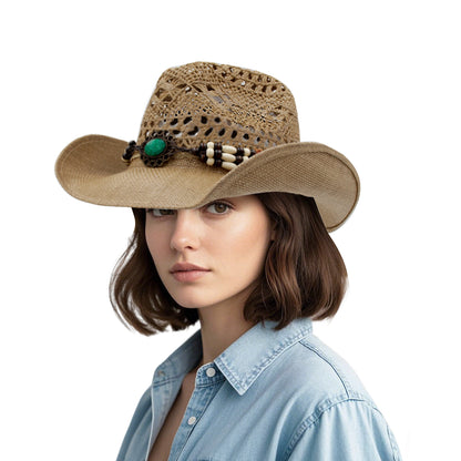 Handmade crocheted cowboy hat with tassels, featuring retro Tibetan paper braid and fashionable lacework.
