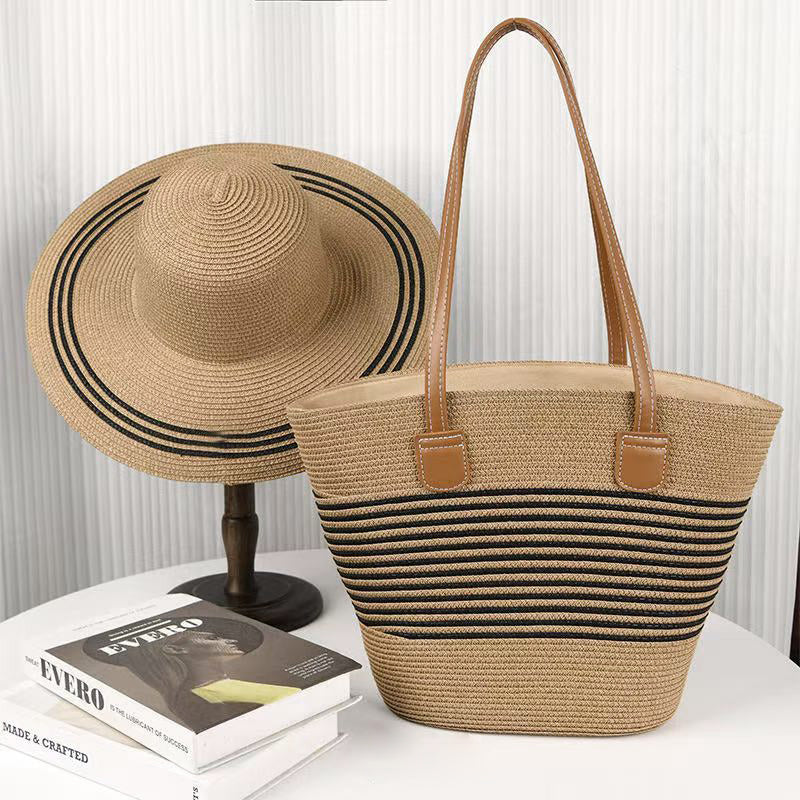 Large brim straw hat shoulder straw bag two-piece fashion women's bag Large capacity braided tote bag seaside holiday portable beach bag sunshade hat