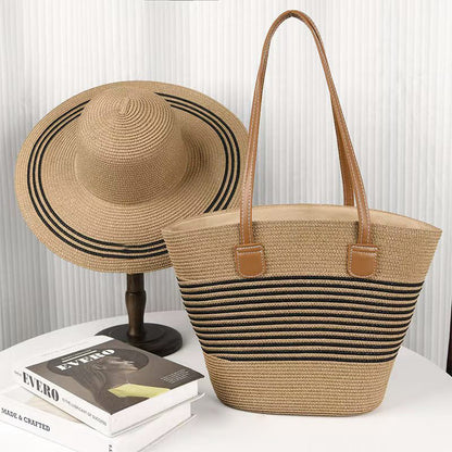 Large brim straw hat shoulder straw bag two-piece fashion women's bag Large capacity braided tote bag seaside holiday portable beach bag sunshade hat