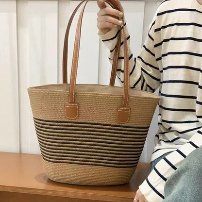 Large brim straw hat shoulder straw bag two-piece fashion women's bag Large capacity braided tote bag seaside holiday portable beach bag sunshade hat