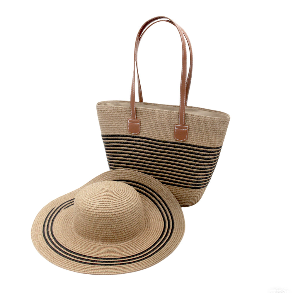 Large brim straw hat shoulder straw bag two-piece fashion women's bag Large capacity braided tote bag seaside holiday portable beach bag sunshade hat
