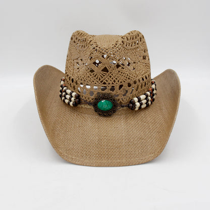 Handmade crocheted cowboy hat with tassels, featuring retro Tibetan paper braid and fashionable lacework.
