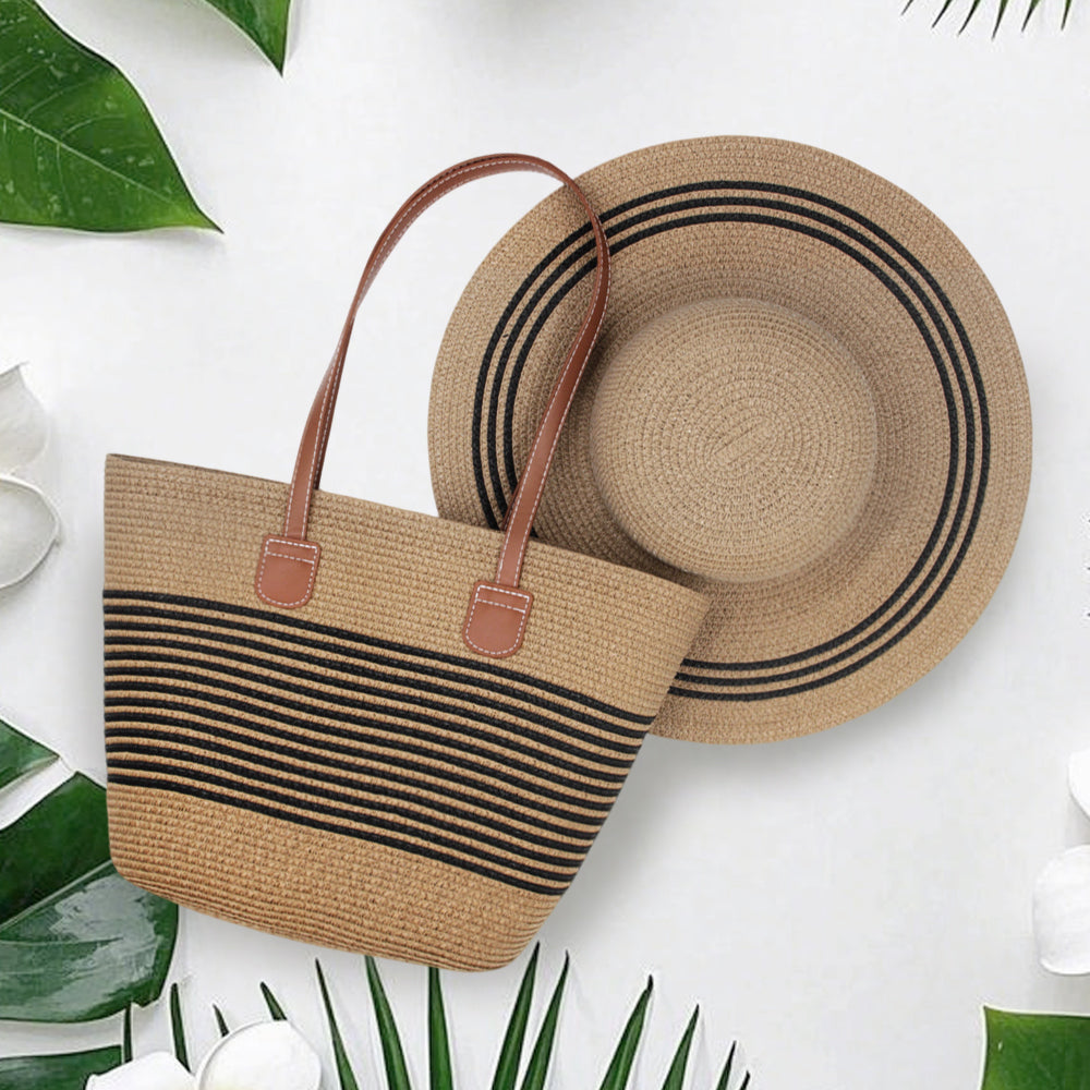 Large brim straw hat shoulder straw bag two-piece fashion women's bag Large capacity braided tote bag seaside holiday portable beach bag sunshade hat