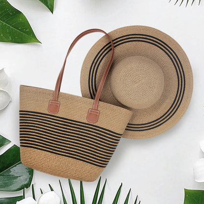 Large brim straw hat shoulder straw bag two-piece fashion women's bag Large capacity braided tote bag seaside holiday portable beach bag sunshade hat