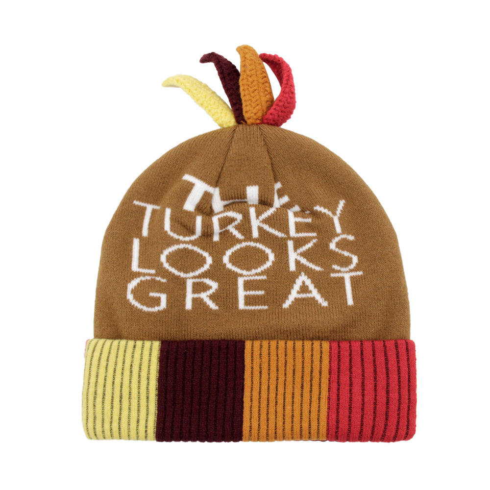 Thanksgiving Pom Pom Beanie Hat - Turkey Trot Dress-up Party & Role Play Carnival Costume - Spandex Jacquard Knitted Cap for Holiday Celebrations, Cosplay Events, Turkey Knit Hat for Teens and Adults - ACCEHUT