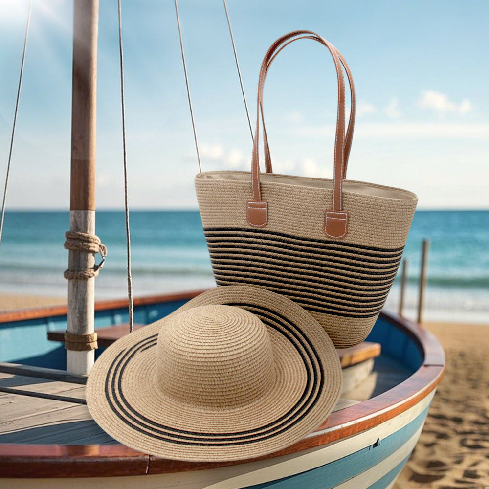 Large brim straw hat shoulder straw bag two-piece fashion women's bag Large capacity braided tote bag seaside holiday portable beach bag sunshade hat