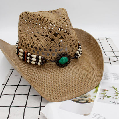 Handmade crocheted cowboy hat with tassels, featuring retro Tibetan paper braid and fashionable lacework.