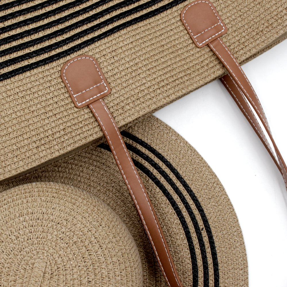 Large brim straw hat shoulder straw bag two-piece fashion women's bag Large capacity braided tote bag seaside holiday portable beach bag sunshade hat