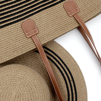 Large brim straw hat shoulder straw bag two-piece fashion women's bag Large capacity braided tote bag seaside holiday portable beach bag sunshade hat