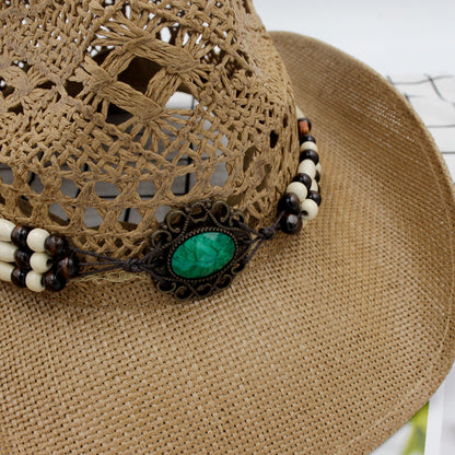 Handmade crocheted cowboy hat with tassels, featuring retro Tibetan paper braid and fashionable lacework.