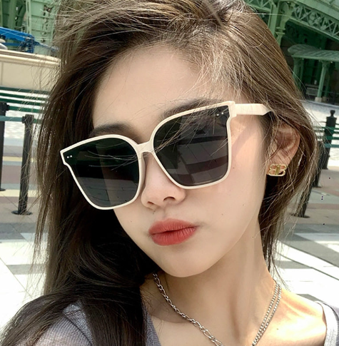 Retro classic style sunglasses with beige frames, semi-transparent black lenses, large frame, fashionable and simple