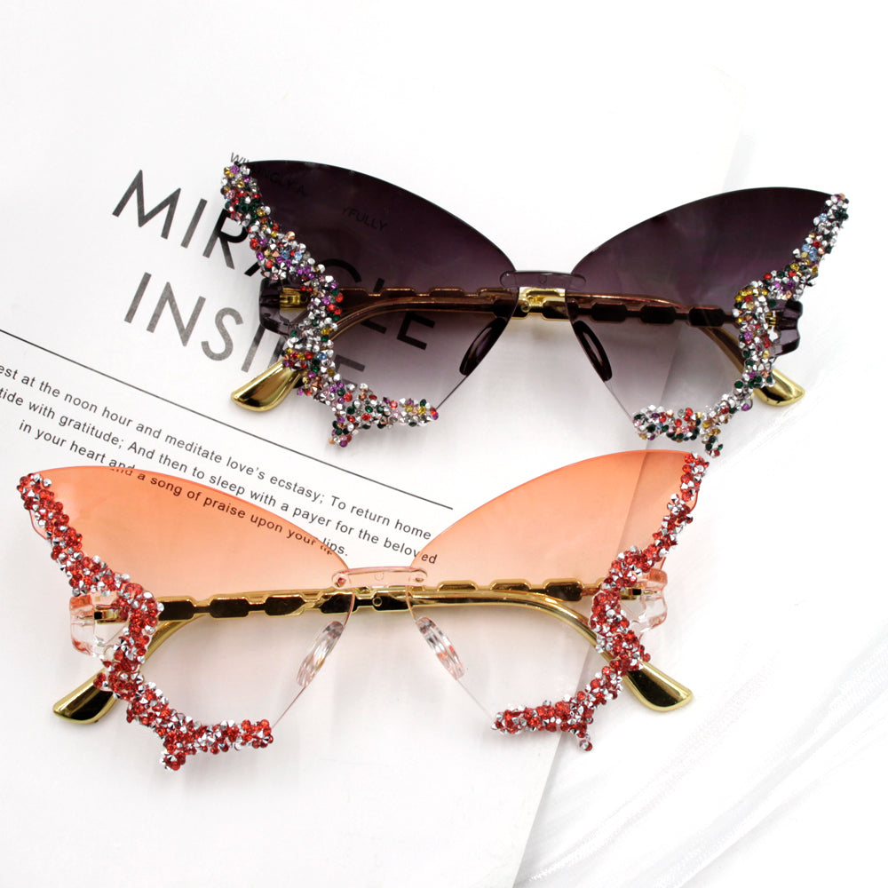 Novel diamond-encrusted butterfly-shaped sunglasses for women, fashionable and unique, bold frameless black sunglasses