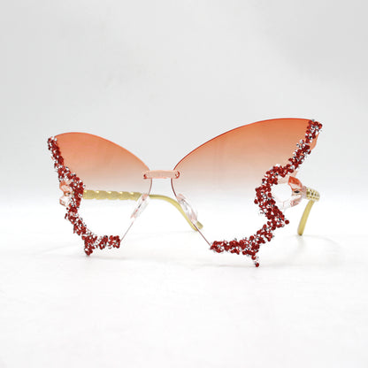 Novel diamond-encrusted butterfly-shaped sunglasses for women, fashionable and unique, bold frameless black sunglasses