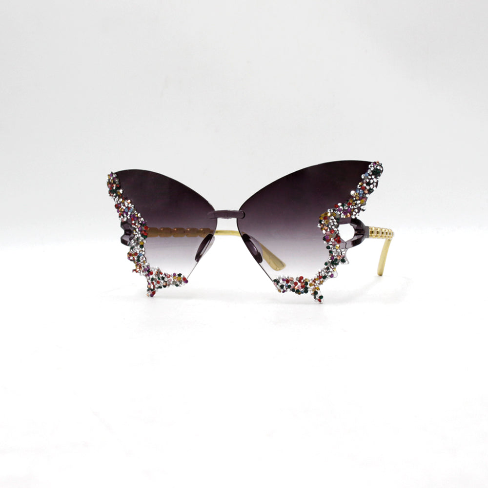 Novel diamond-encrusted butterfly-shaped sunglasses for women, fashionable and unique, bold frameless black sunglasses