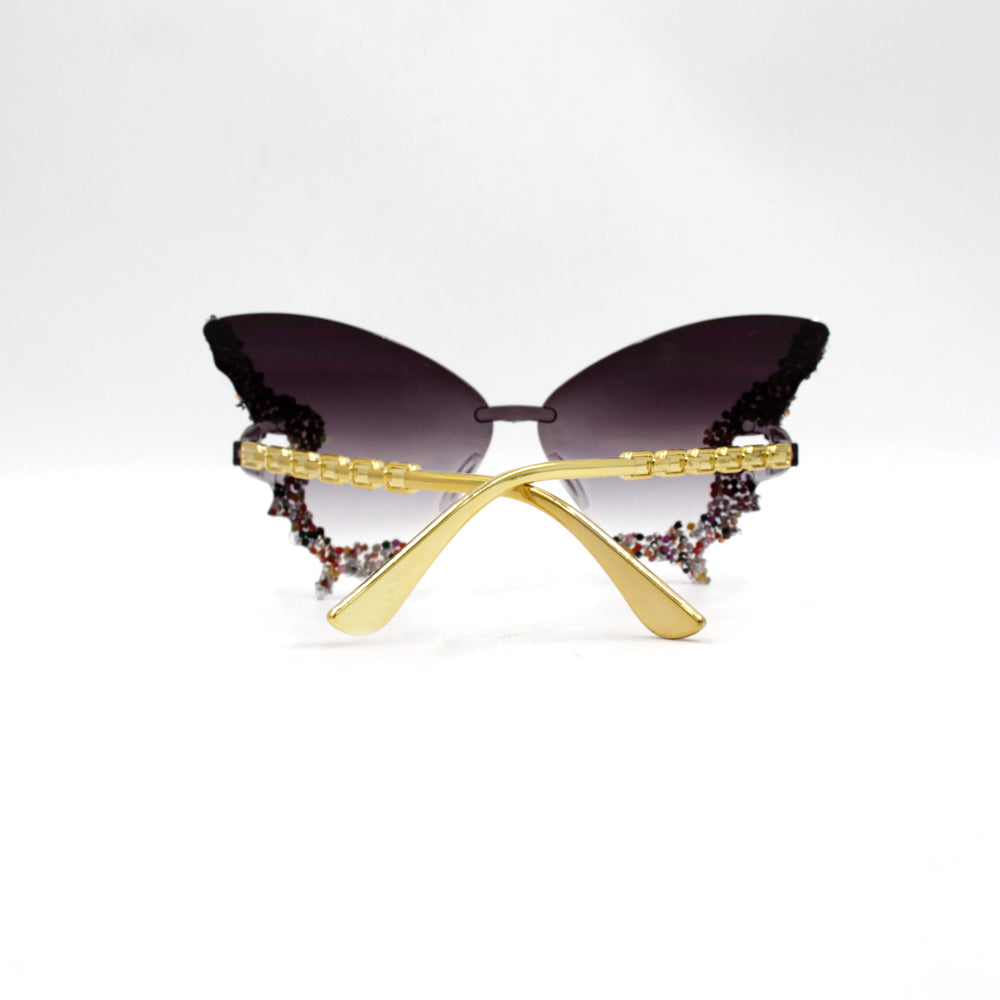 Novel diamond-encrusted butterfly-shaped sunglasses for women, fashionable and unique, bold frameless black sunglasses