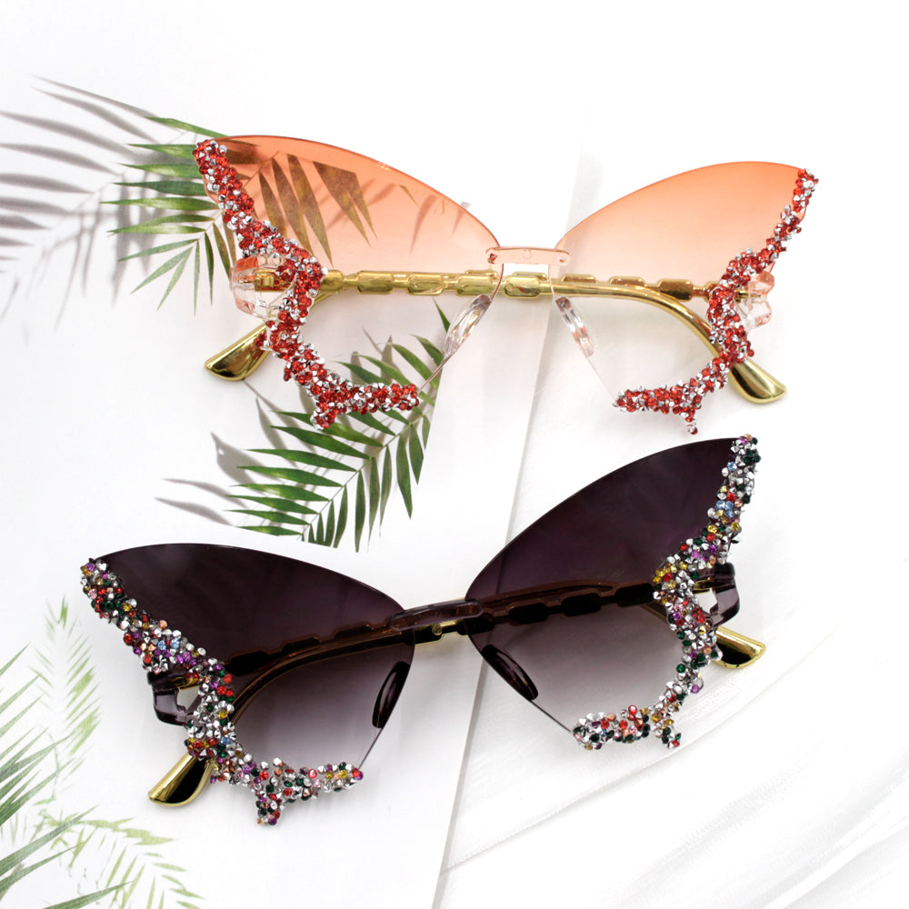 Novel diamond-encrusted butterfly-shaped sunglasses for women, fashionable and unique, bold frameless black sunglasses