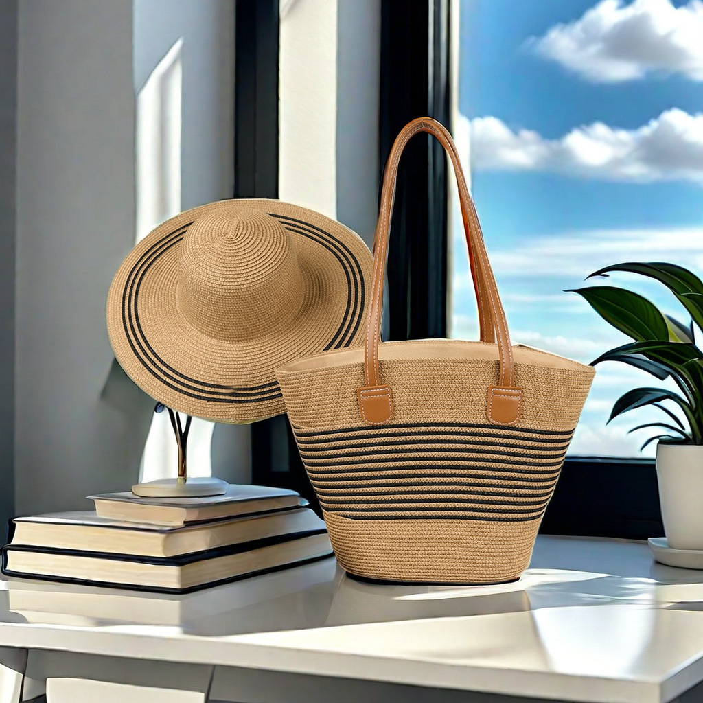 Large capacity straw hat two-piece outdoor travel seaside Tote bag Fashion trend large brim display face small visor