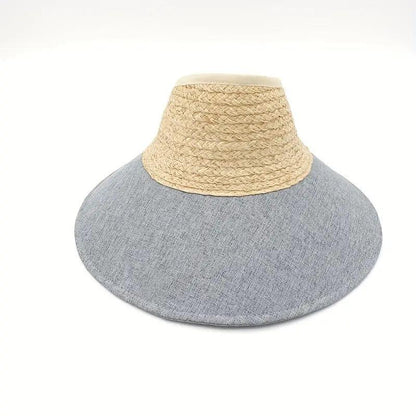 Wide Brim Gray Visor Hat Trend Sun Protection Adjustable Straw Hat Color Block Ponytail Sun Hats For Sporting Traveling - ACCEHUT