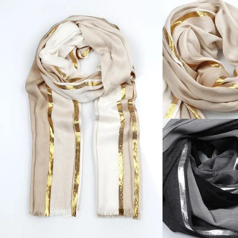 20.47"×70.87" Rayon Casual Scarf, Solid Color Golden & Silvery Stripe Raw Edge Tassel Headwrap Shawl, Elegant Women Hair Accessories - ACCEHUT