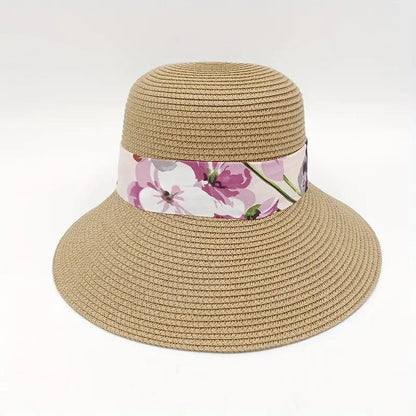 Irregular Brim Brown Sun Hat Elegant Sunscreen Straw Hats Printed Ribbon Bowknot Decor Bucket Hat For Beach Travel Holiday - ACCEHUT