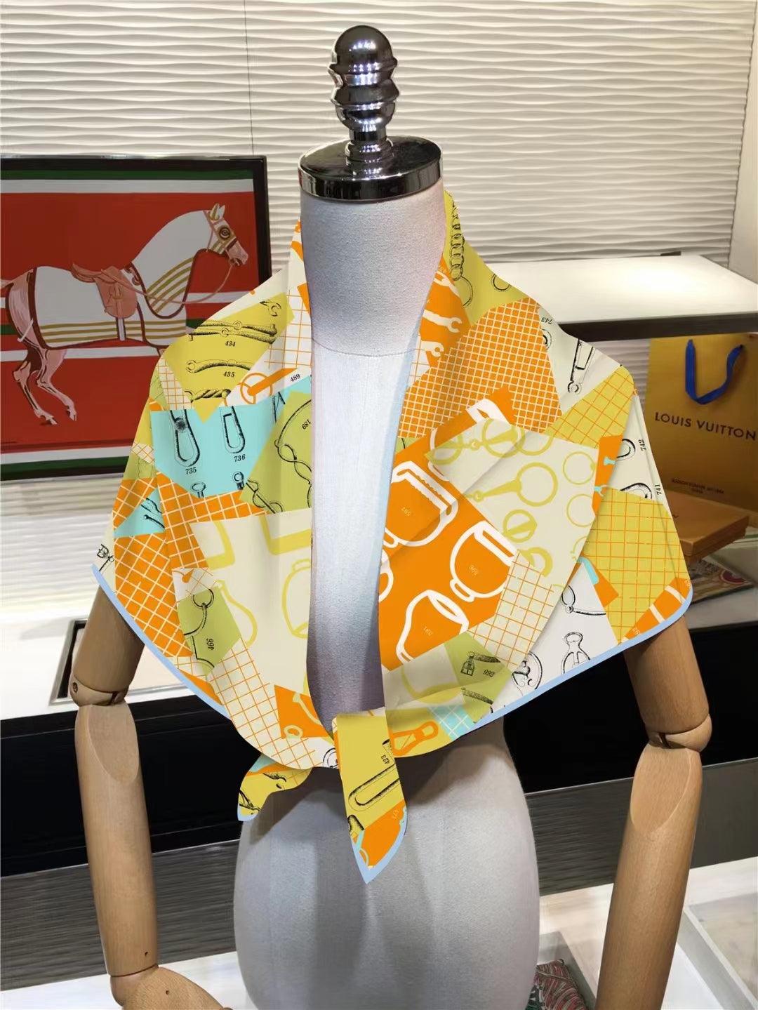 Geometric Print 90cm Square Scarf Colorful Silk Scarf Wraps - ACCEHUT